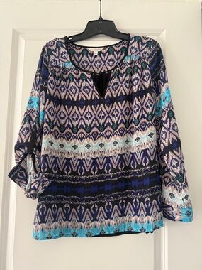 Charming Charlie Blue Multi Geometric Tie-Front Blouse